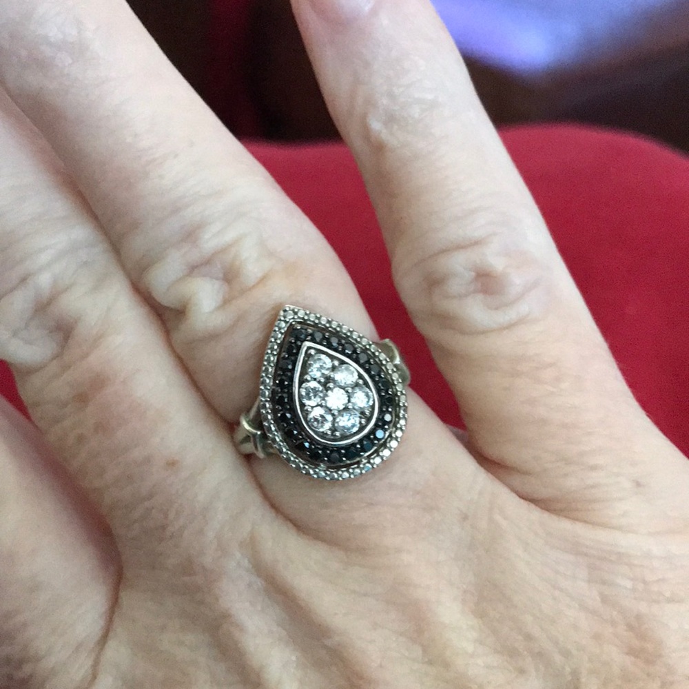 Sterling Silver Pear Black CZ and White Ring Sz 7